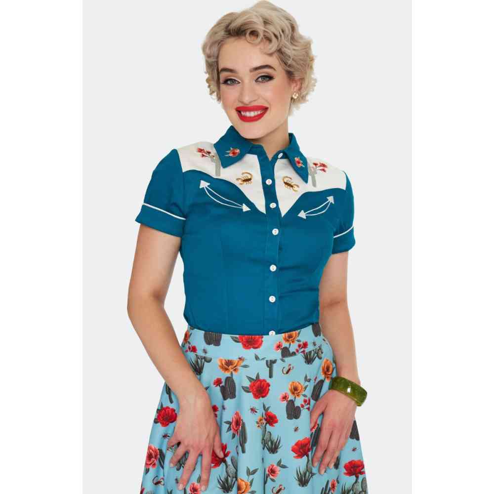 Voodoo Vixen - Cactus Floral Western Blouse - Blauw